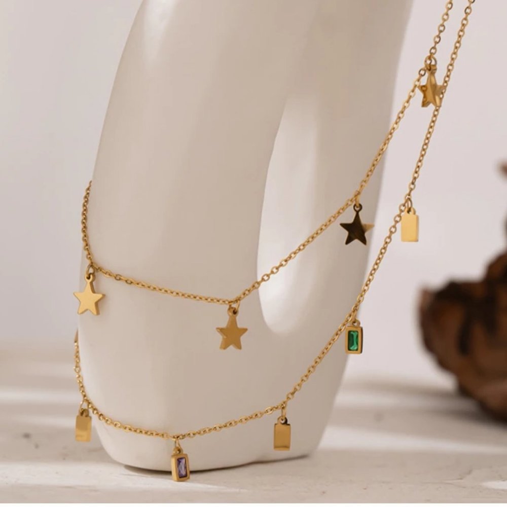 NEW 18K Gold Plated Star Square Drop Double Layer Necklace - Picture 5 of 7